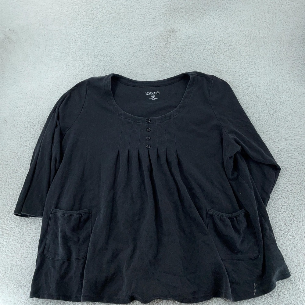 Roaman's Shirt Womens 4X 34/36 Black Tunic Scoop Neck Pintuck Pleated Pockets